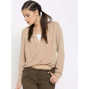 NWT Forever 21 Tan Faux Wrap Top Sz XL Drape Long Sleeve Flowy Crop V-Neck